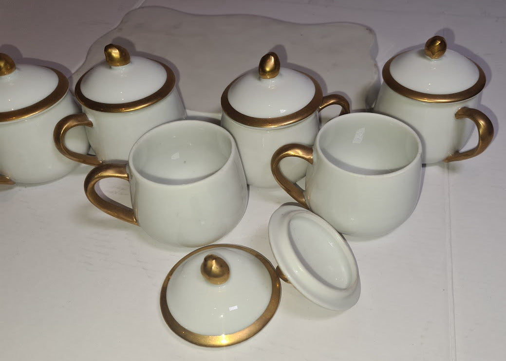 Fitz & Floyd Pots De Creme with tray, gold on white