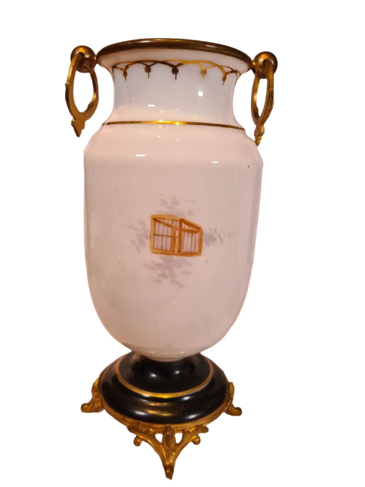 Pair French Opaline Decorated Glass Brass Mounted Vases With Hand Painted Decoration