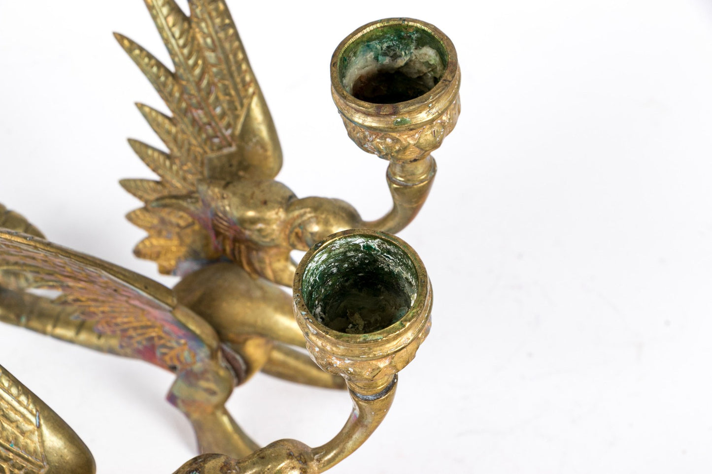 Rare Pair Of Antique Brass Mythical Beast Form Candlesticks