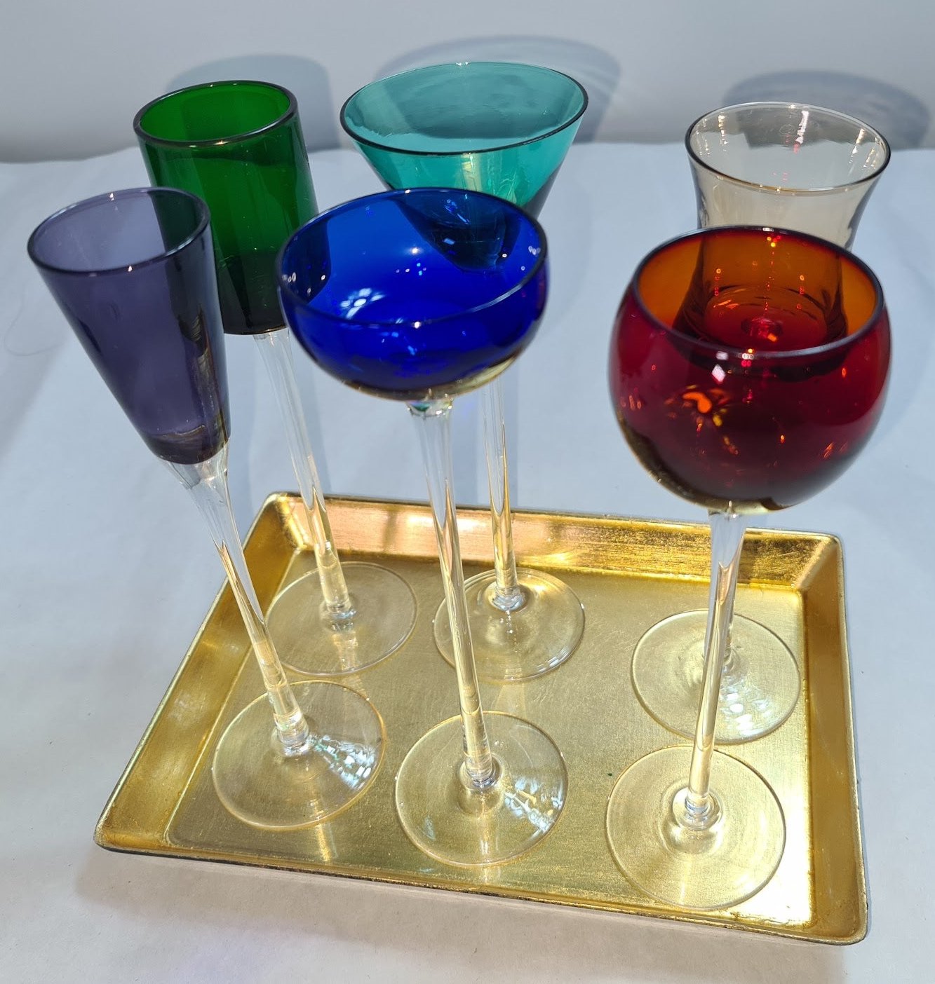 Italian Style Cordial Glasses, 1980s, Set of 5, 7" tall with lacquered tray