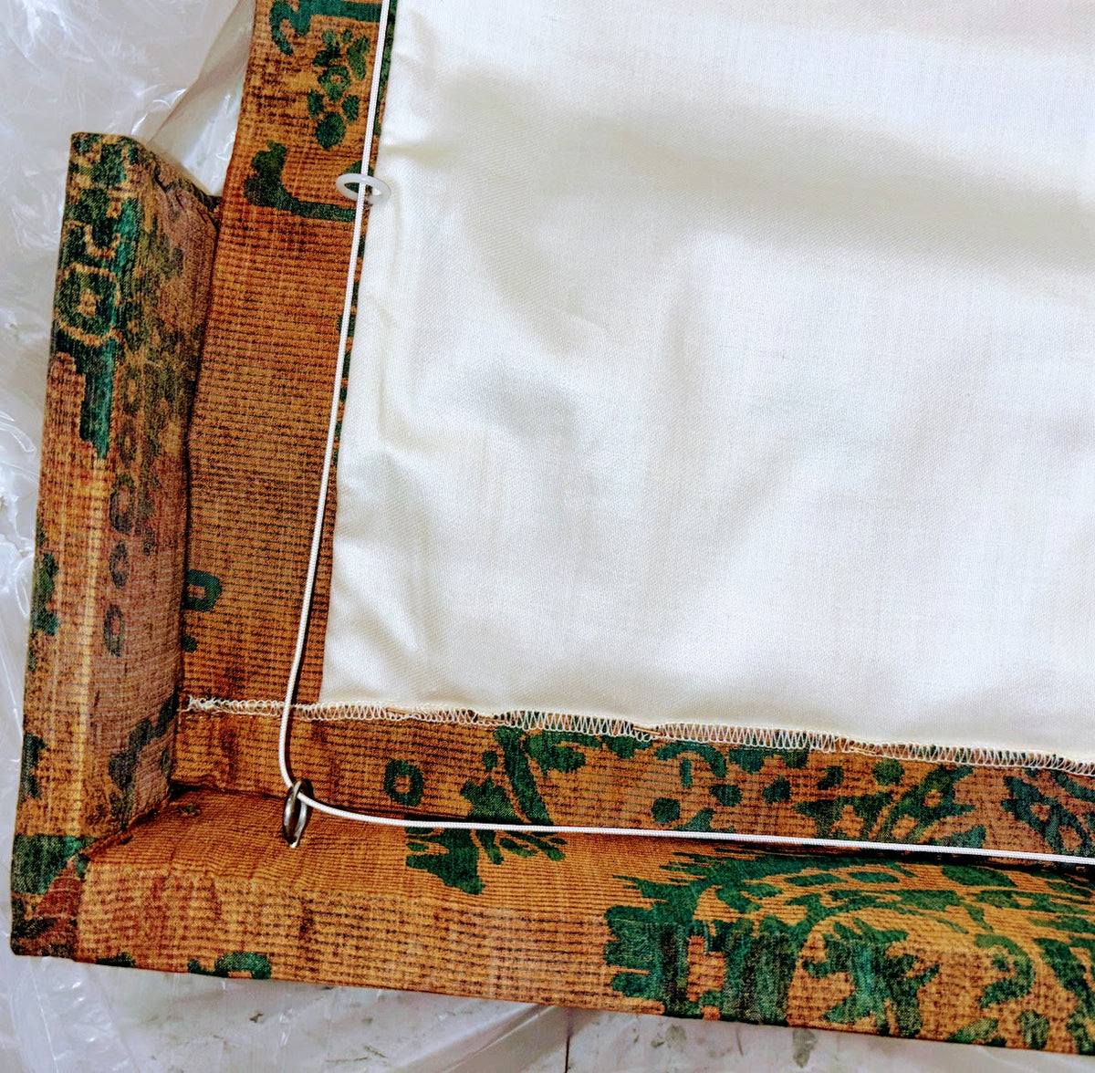 Custom Silk Jacquard Roman Shades & Upholstered Cornices (Pair), Attributed to Old World Weavers / Scalamandré, 63" W × 80" H