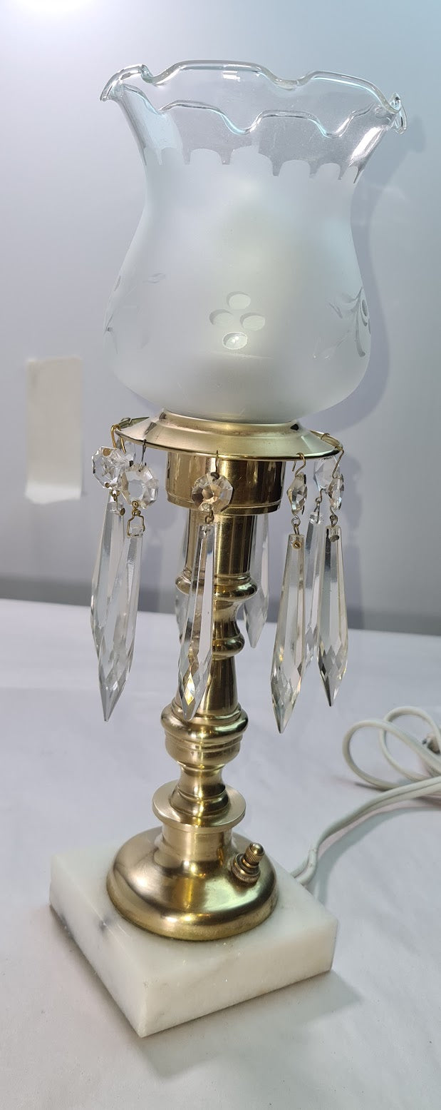 Vintage Brass Electric Hurricane Lamp with Frosted Edged Glass and Hanging Crystals