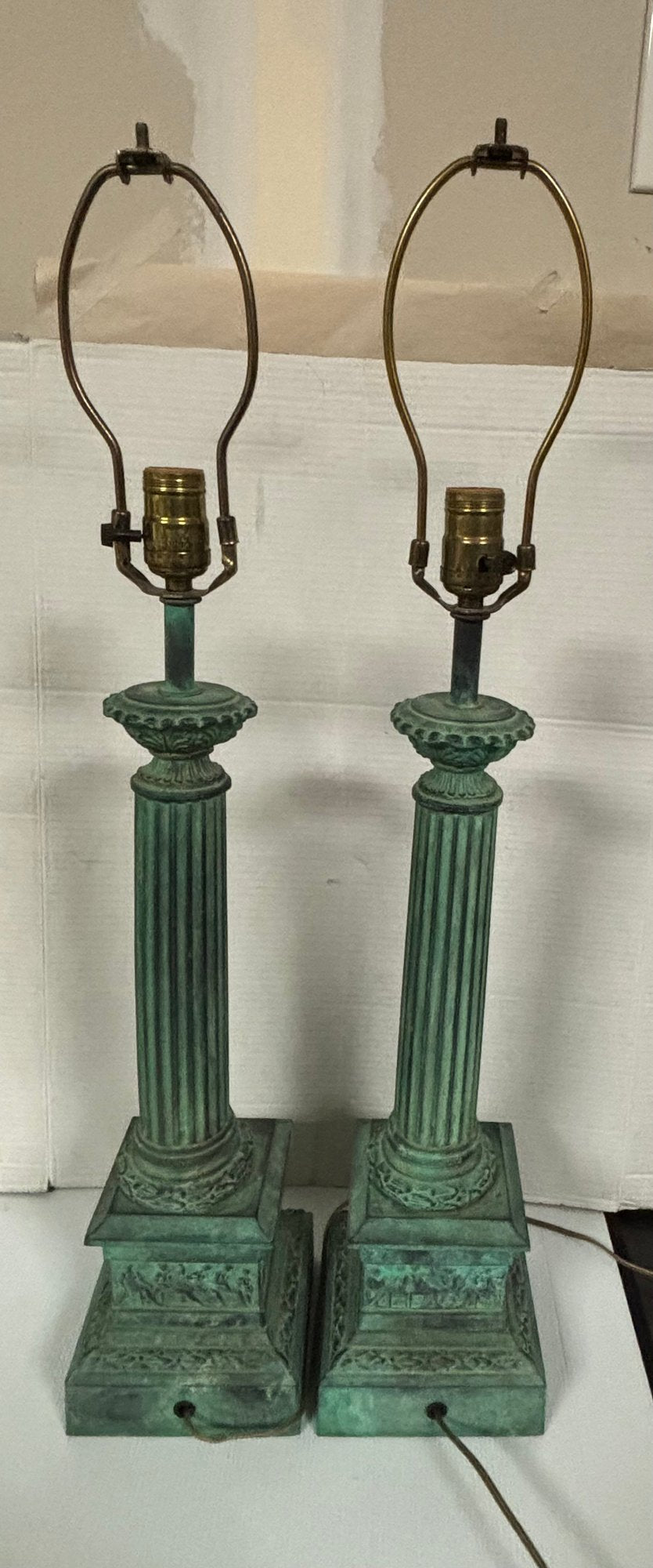 Vintage Pair Of Bronze Tall Table Lamps With Nice Shades