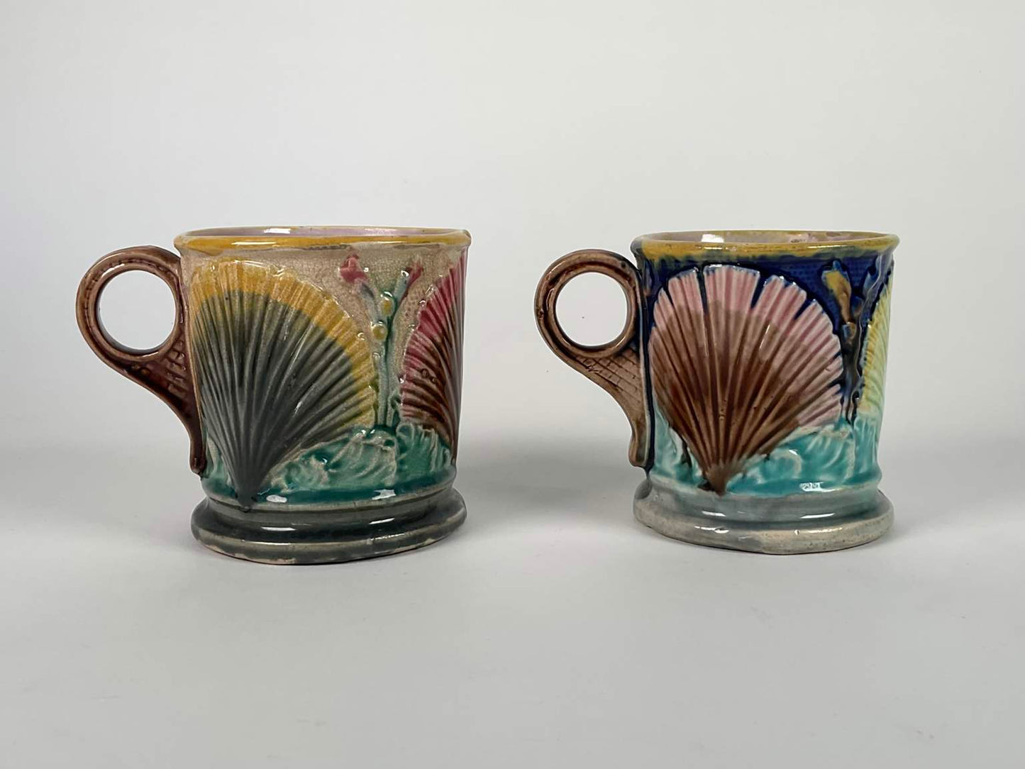 Etruscan Majolica Shell Bowl, Mugs and Teacup with Saucer, 5 Pc.