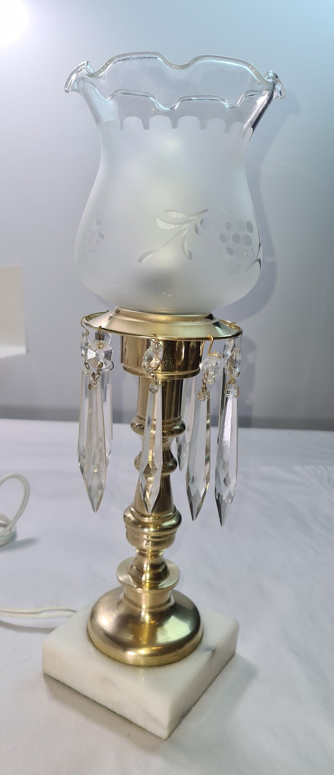 Vintage Brass Electric Hurricane Lamp with Frosted Edged Glass and Hanging Crystals