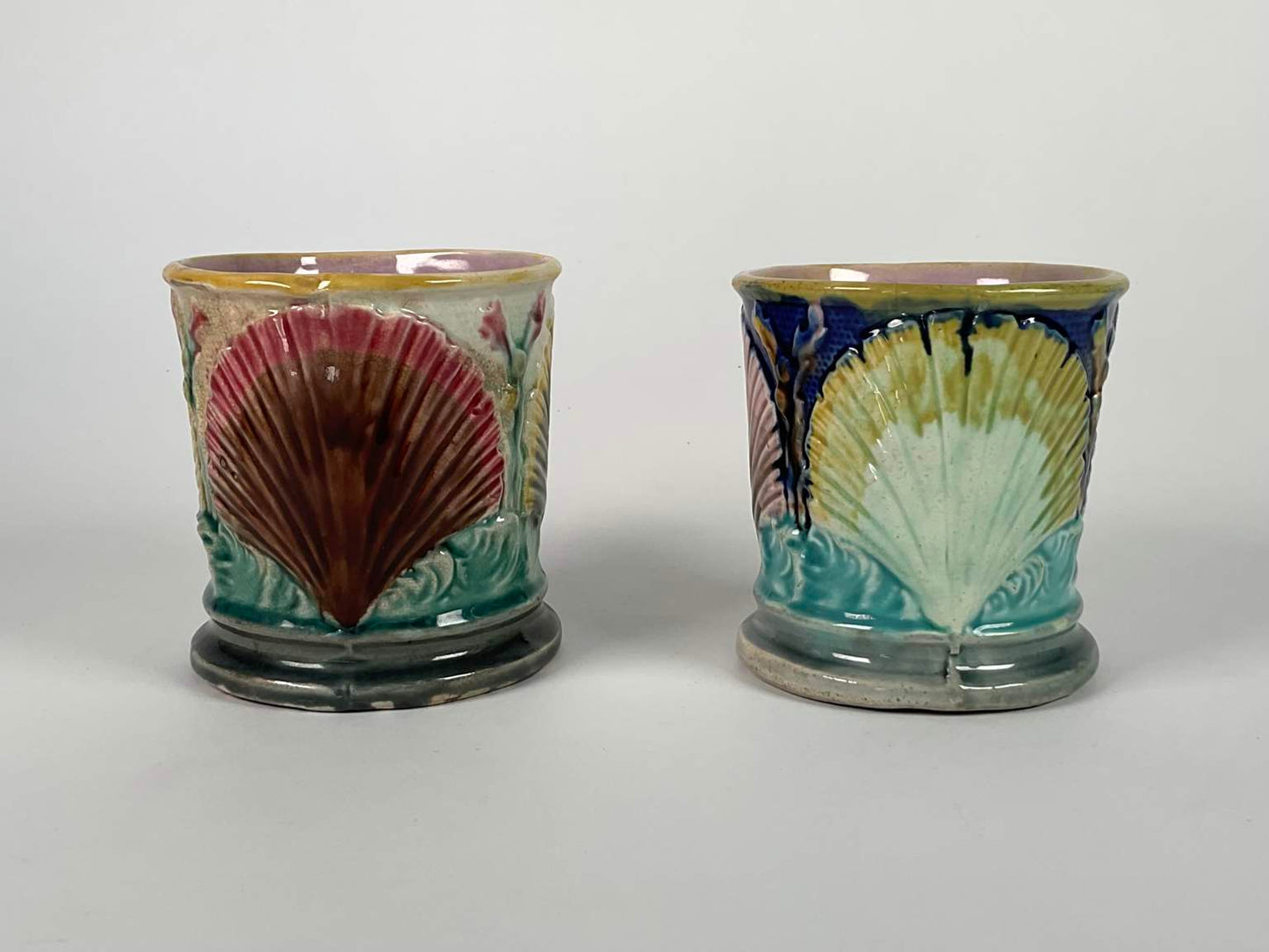 Etruscan Majolica Shell Bowl, Mugs and Teacup with Saucer, 5 Pc.