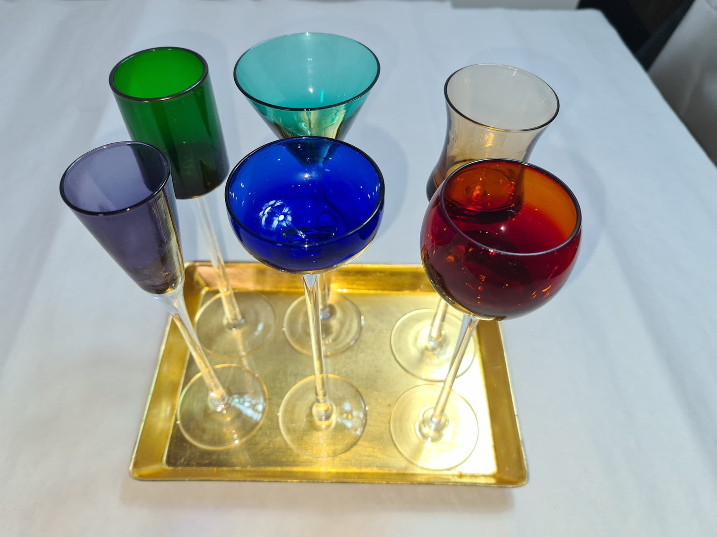 Italian Style Cordial Glasses, 1980s, Set of 5, 7" tall with lacquered tray