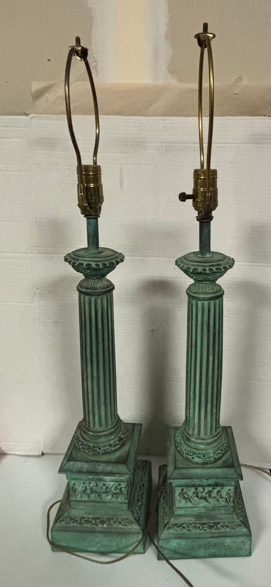Vintage Pair Of Bronze Tall Table Lamps With Nice Shades