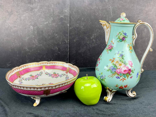 Antique Porcelain de Paris Pink Edme Samson et Cie Floral Footed Bowl &amp; Turquoise Boyer Teapot