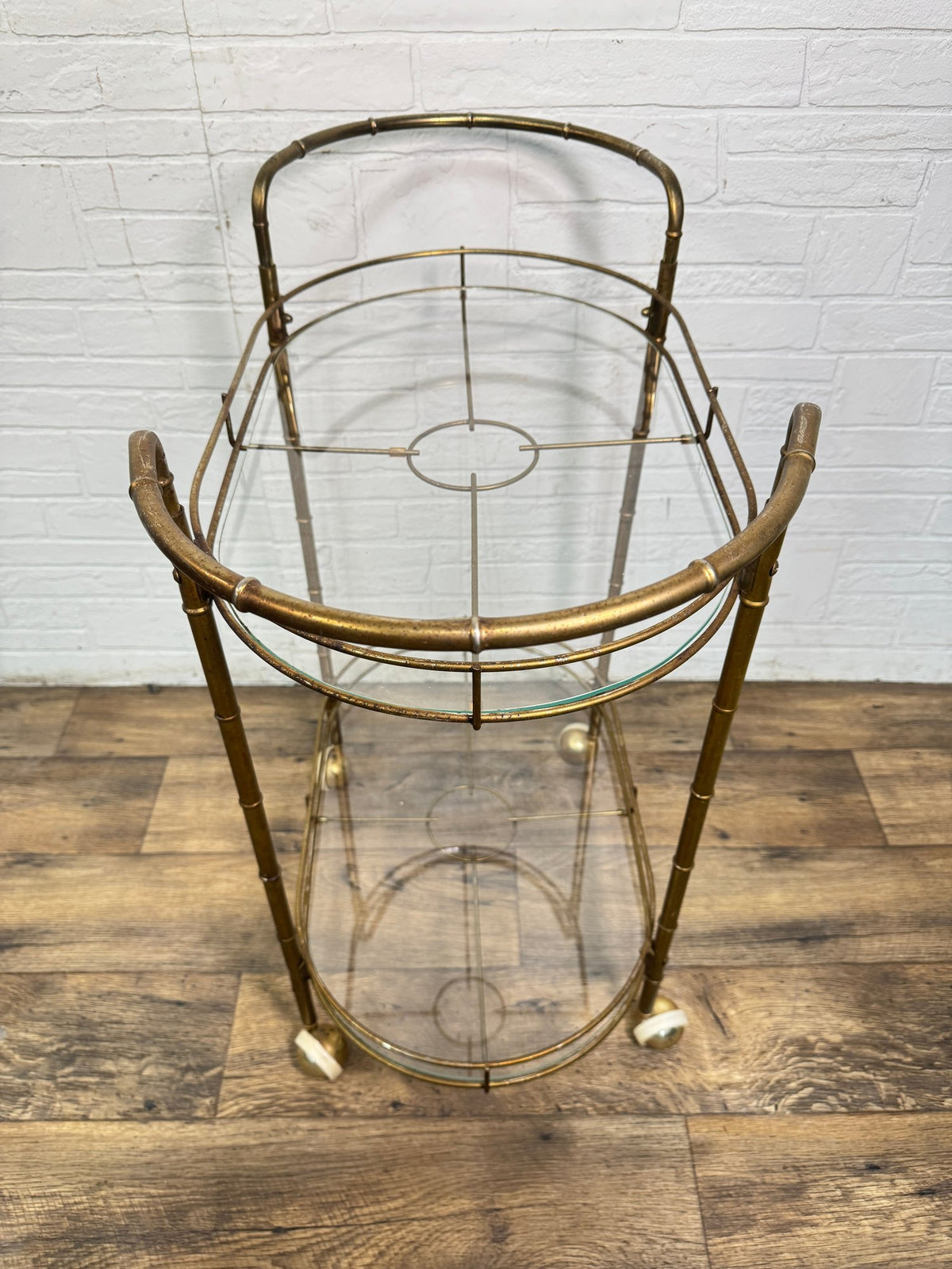 Mid-Century Faux Bamboo Brass and Glass Two-Tier Bar Cart, circa 1960