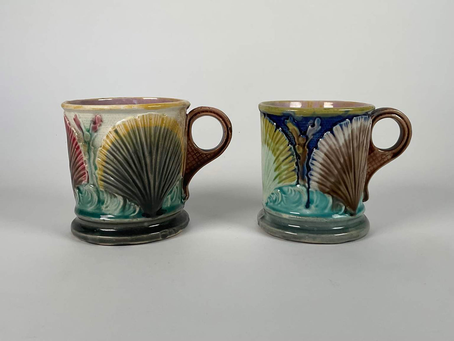 Etruscan Majolica Shell Bowl, Mugs and Teacup with Saucer, 5 Pc.