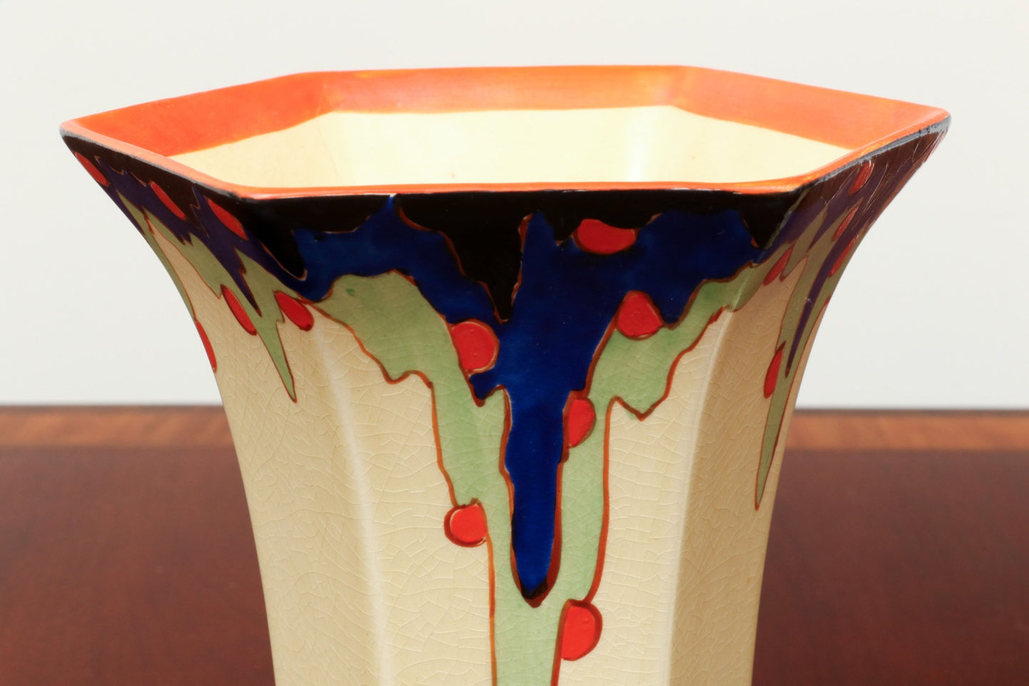 PAIR OF DORA TENNANT ENGLISH ART DECO PERIOD HEXAGONAL CERAMIC GLAZED VASES