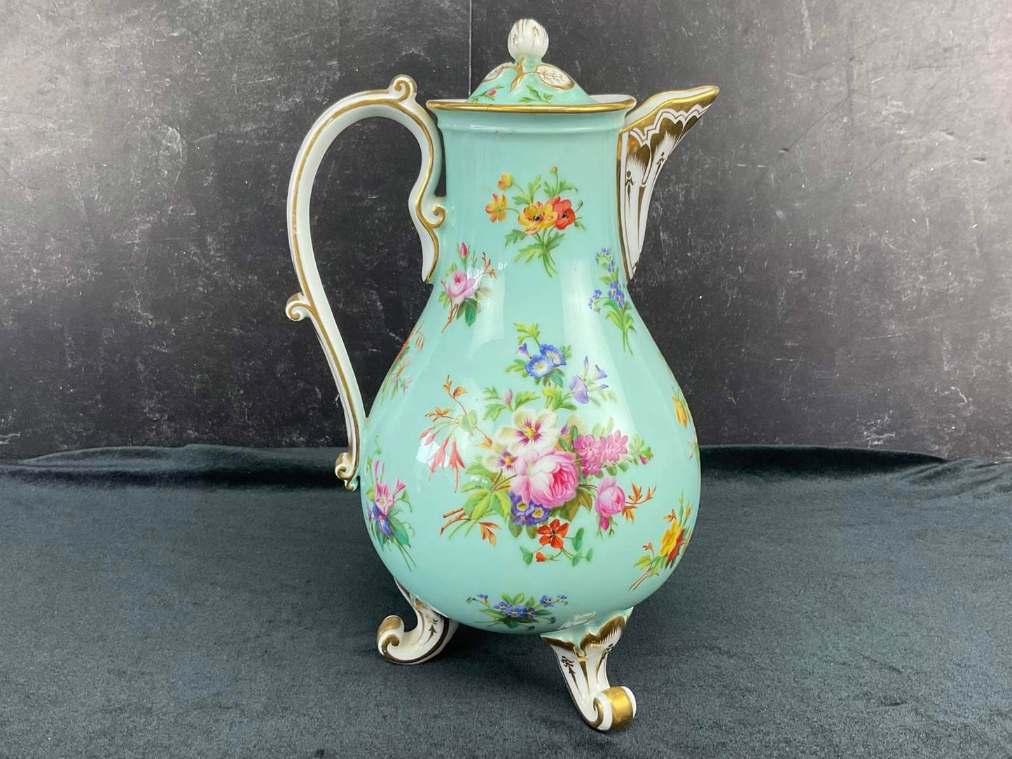 Antique Porcelain de Paris Pink Edme Samson et Cie Floral Footed Bowl &amp; Turquoise Boyer Teapot
