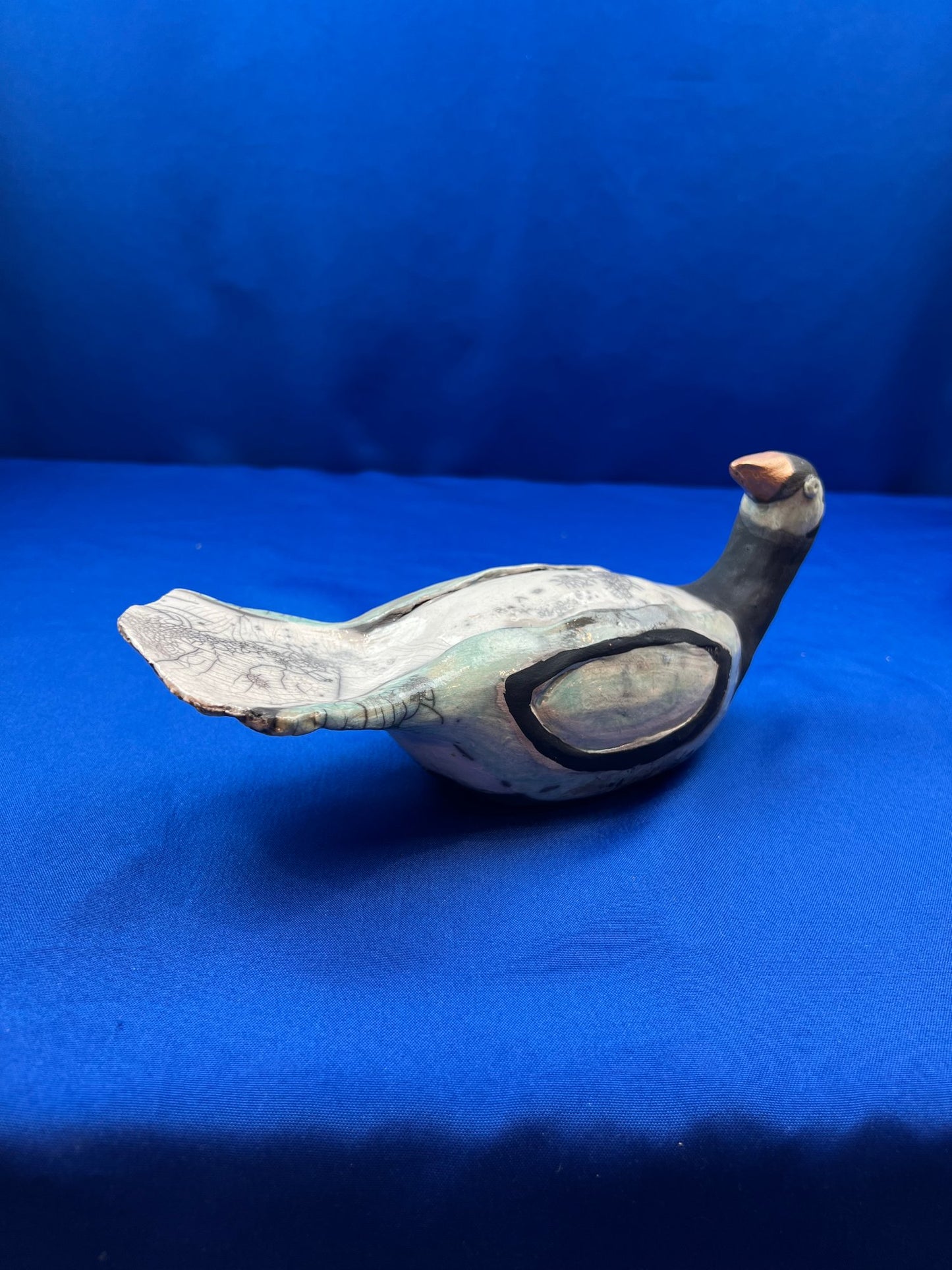 Beautiful Rare Vintage Handmade Crackle Glaze Pottery Bird - Signed