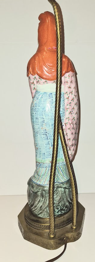Vintage Quan Yin Chinese Porcelain Figural Table Lamp, Famille Rose, 1950s