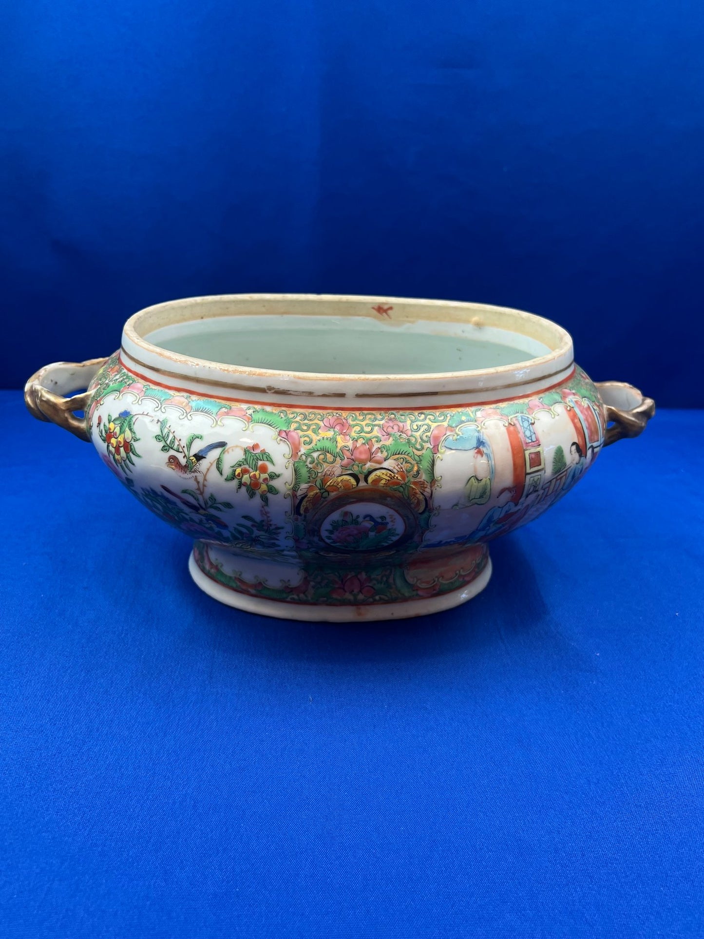 Antique Rare Rose Medallion Covered Tureen - Mushroom Top Finial & Woven Handles - Gilt Detailing