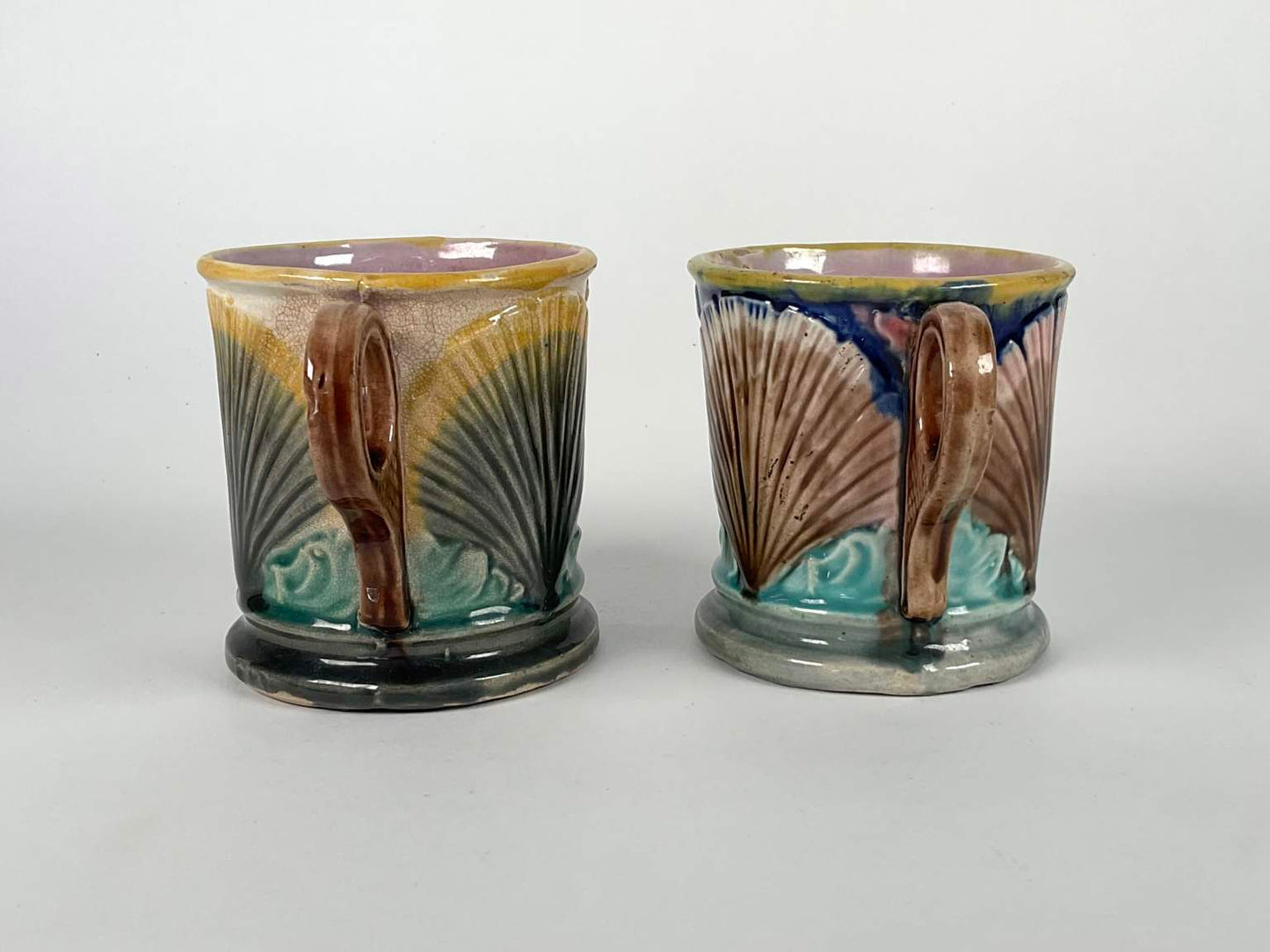 Etruscan Majolica Shell Bowl, Mugs and Teacup with Saucer, 5 Pc.