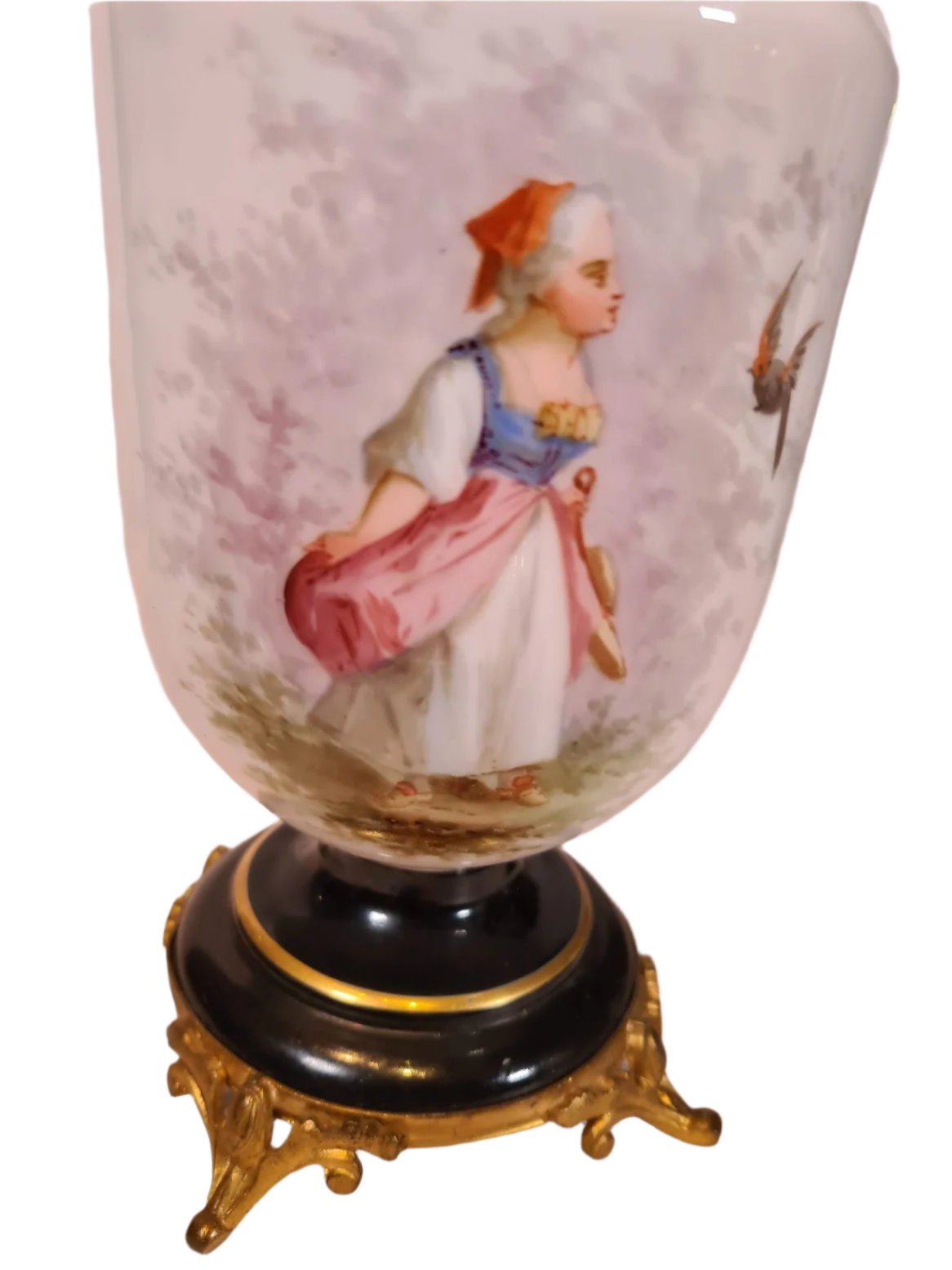 Pair French Opaline Decorated Glass Brass Mounted Vases With Hand Painted Decoration
