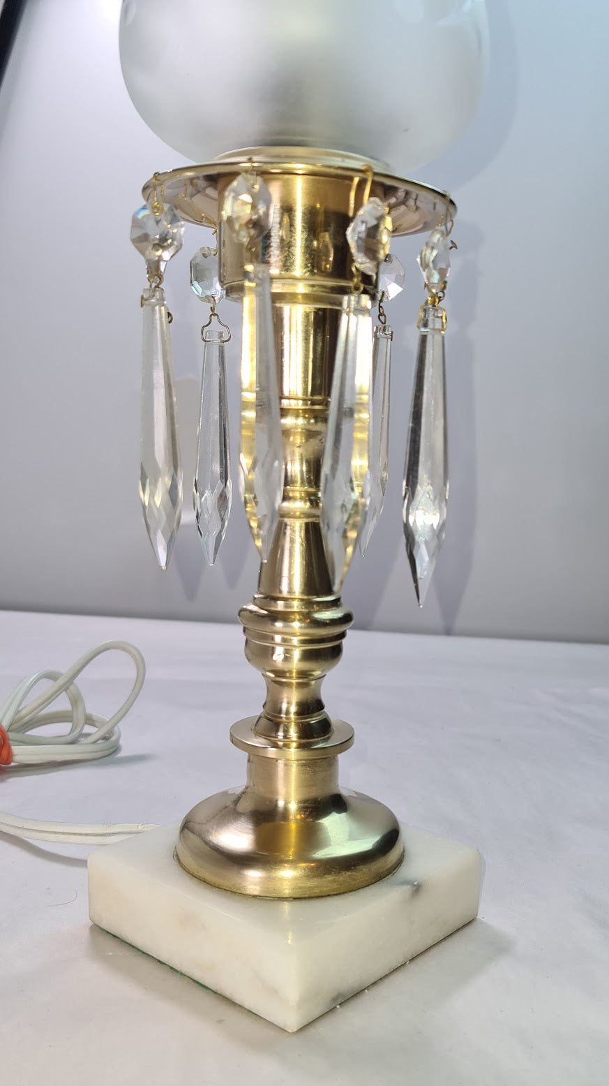 Vintage Brass Electric Hurricane Lamp with Frosted Edged Glass and Hanging Crystals