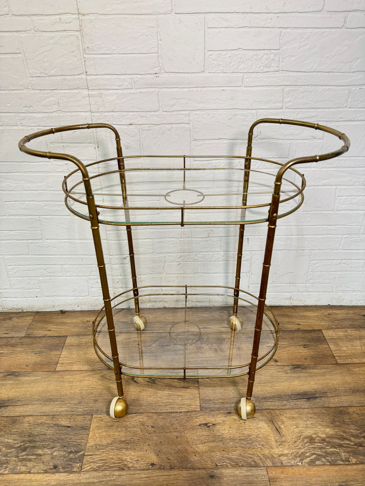 Mid-Century Faux Bamboo Brass and Glass Two-Tier Bar Cart, circa 1960