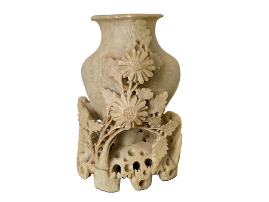 Vintage Hand Carved Soap stone vase with floral detail.