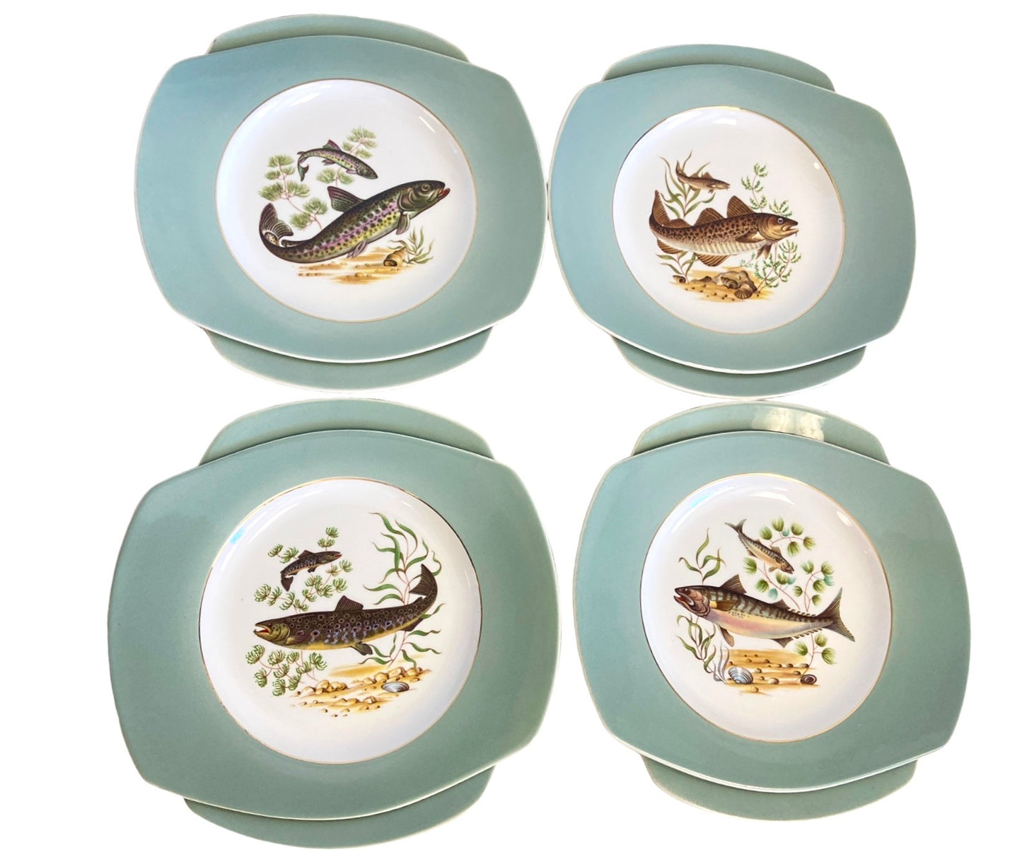 Mid Century Figgjo Flint Norwegian Fish Platter And Eight Plates