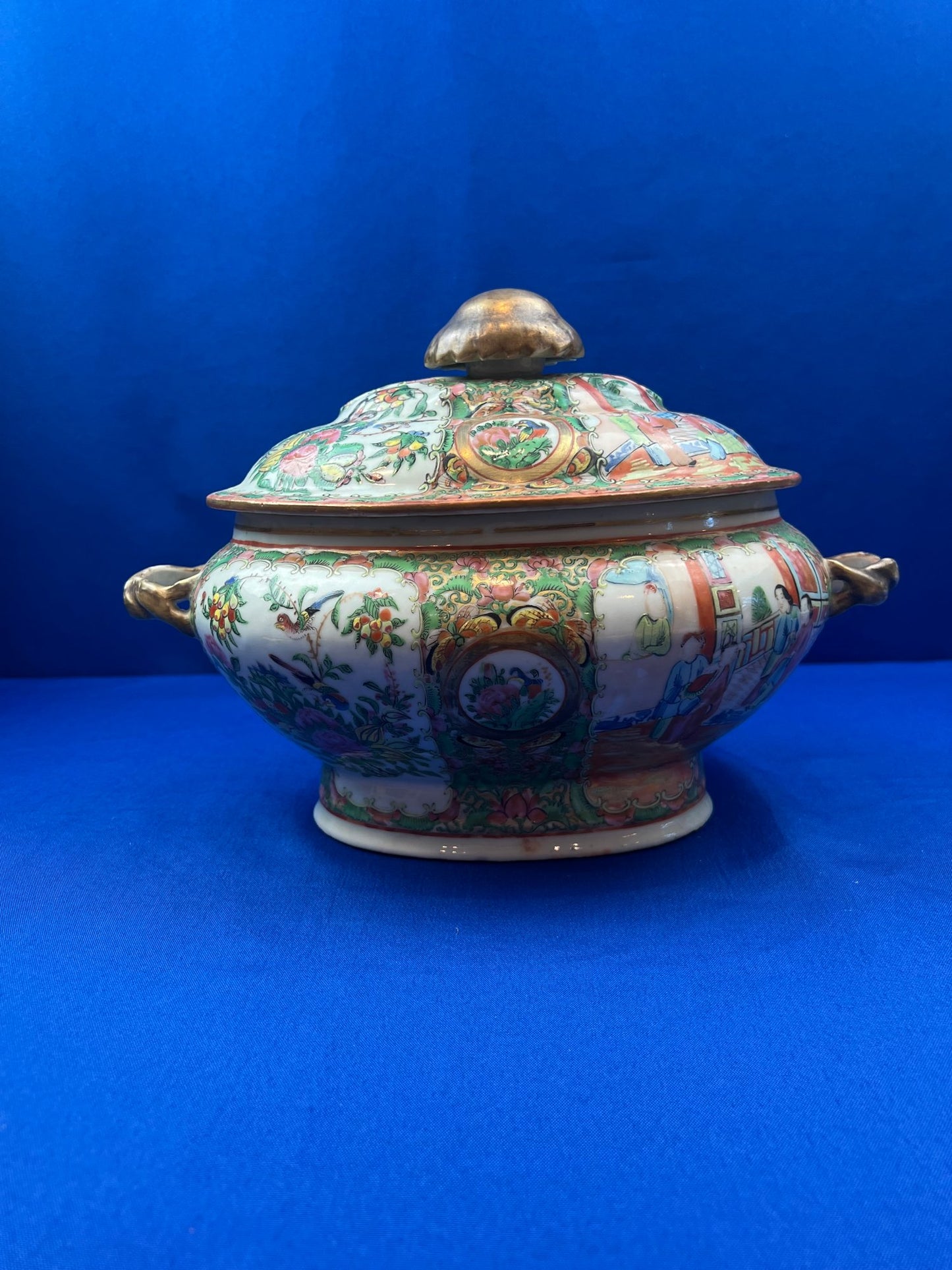 Antique Rare Rose Medallion Covered Tureen - Mushroom Top Finial & Woven Handles - Gilt Detailing