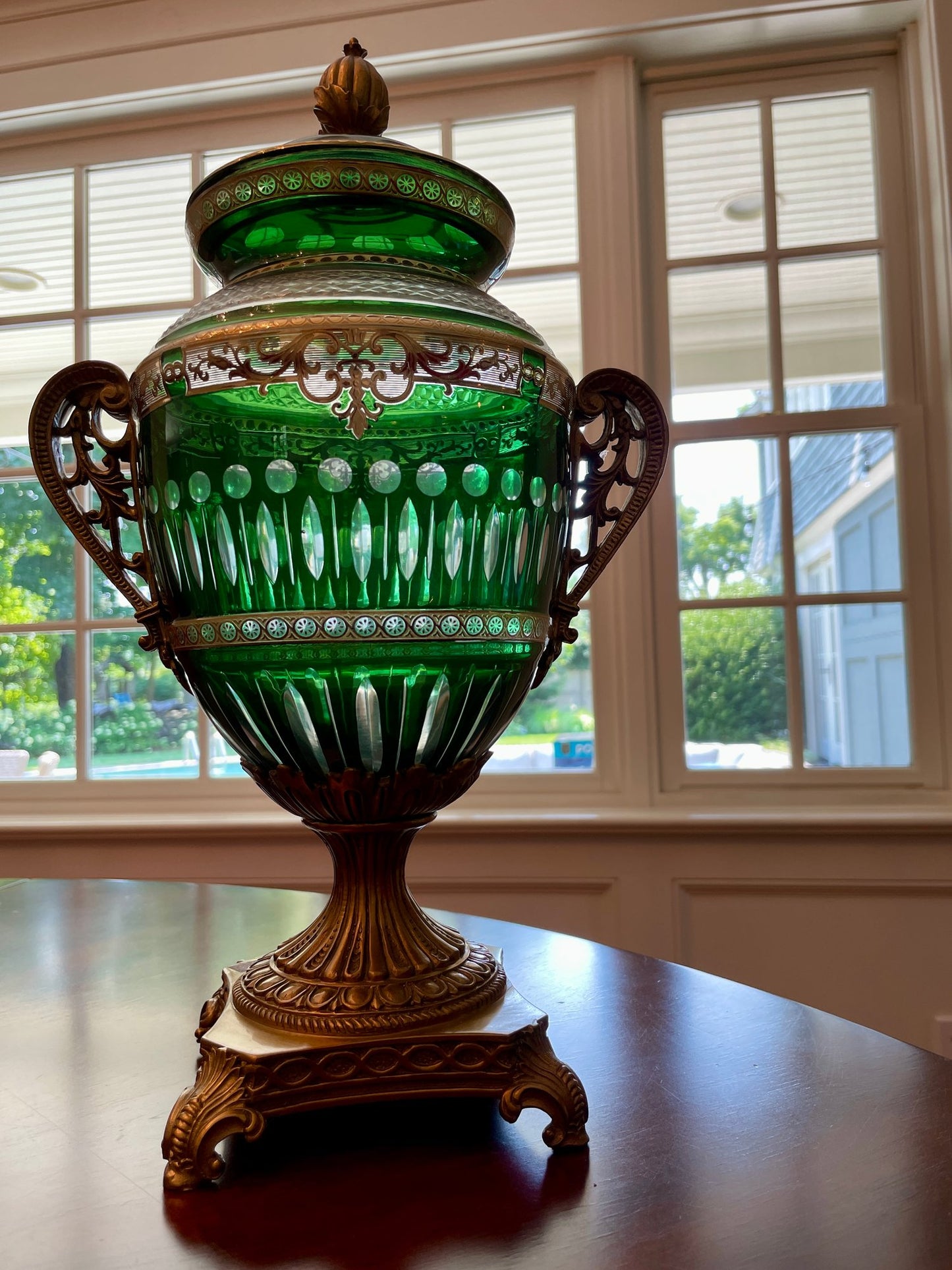 Antique Bohemian Cut Green Glass Covered Urn with Gilted Brass Handles and Stand