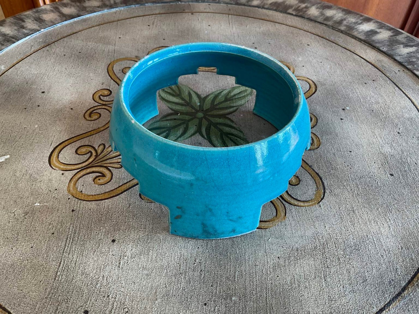 Ceramic Bison Bowl with Lid on Stand, Signed