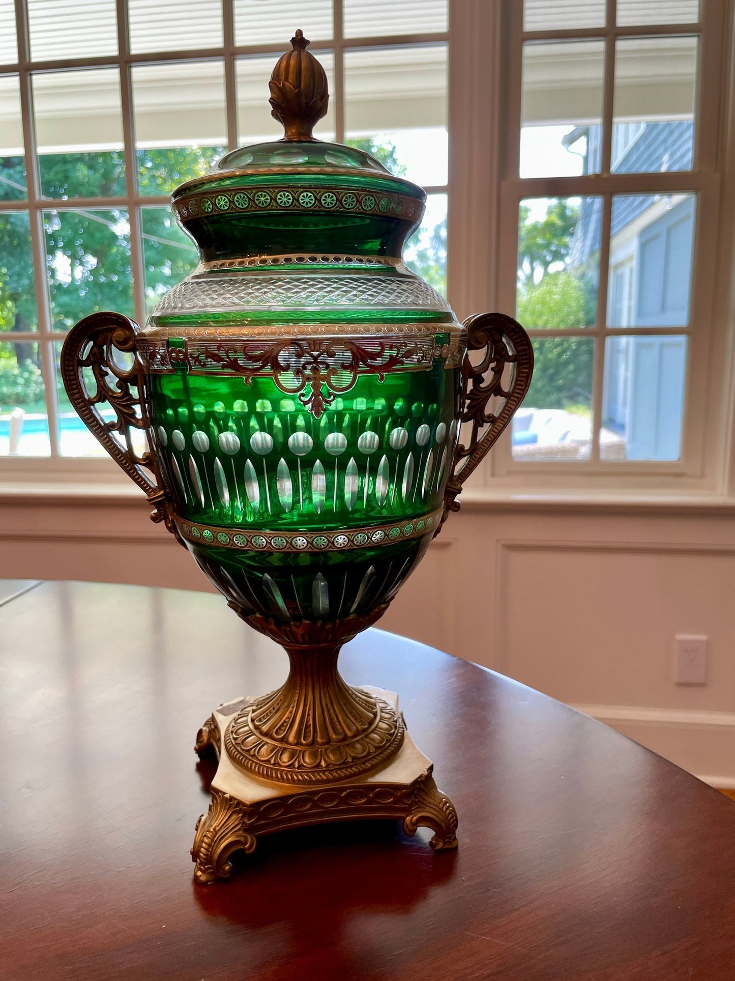 Antique Bohemian Cut Green Glass Covered Urn with Gilted Brass Handles and Stand