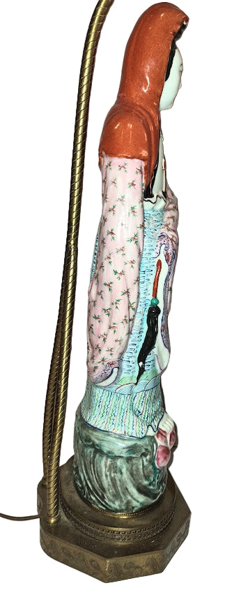 Vintage Quan Yin Chinese Porcelain Figural Table Lamp, Famille Rose, 1950s