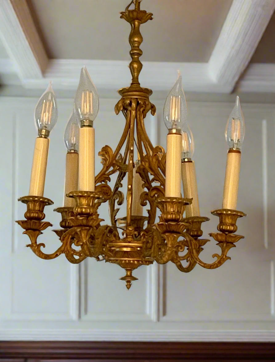 Fabulous Vintage French Brass Chandelier with Six Arms