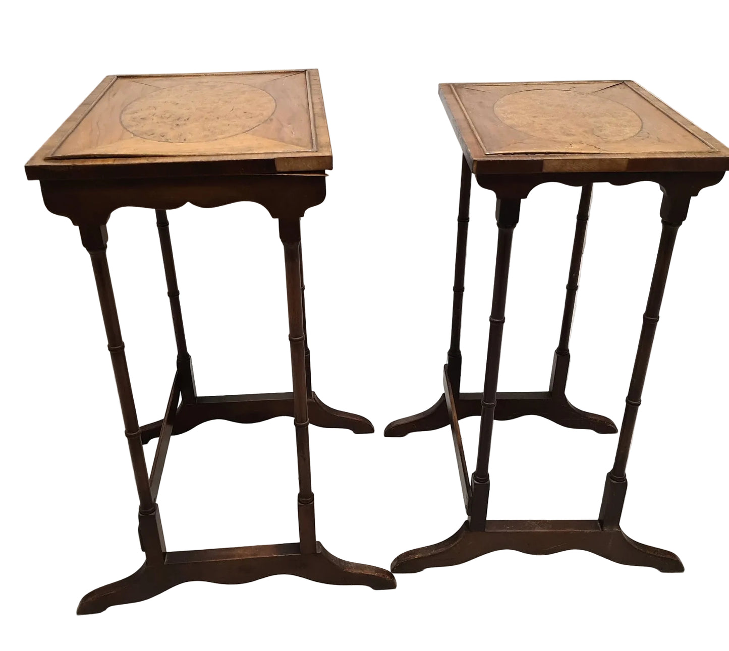 English Regency Revival Burl Wood & Inlaid Nesting Tables, Early 20th Century