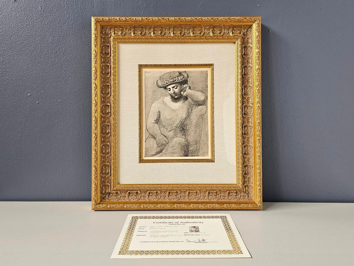 Original 1930 Pablo Picasso (1881-1973) "Femme Au Chapeau" Gallery Framed Lithograph W/COA