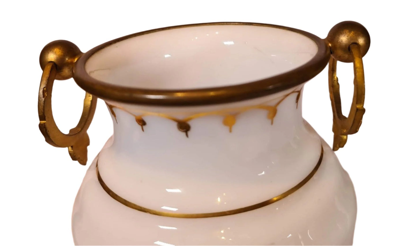 Pair French Opaline Decorated Glass Brass Mounted Vases With Hand Painted Decoration