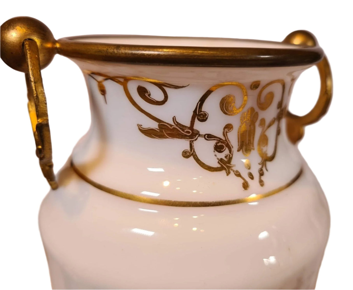 Pair French Opaline Decorated Glass Brass Mounted Vases With Hand Painted Decoration