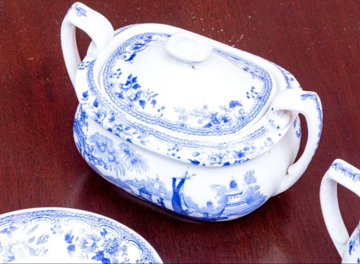 Beautiful Antique Twelve Piece English Continental Blue And White China Tea Service