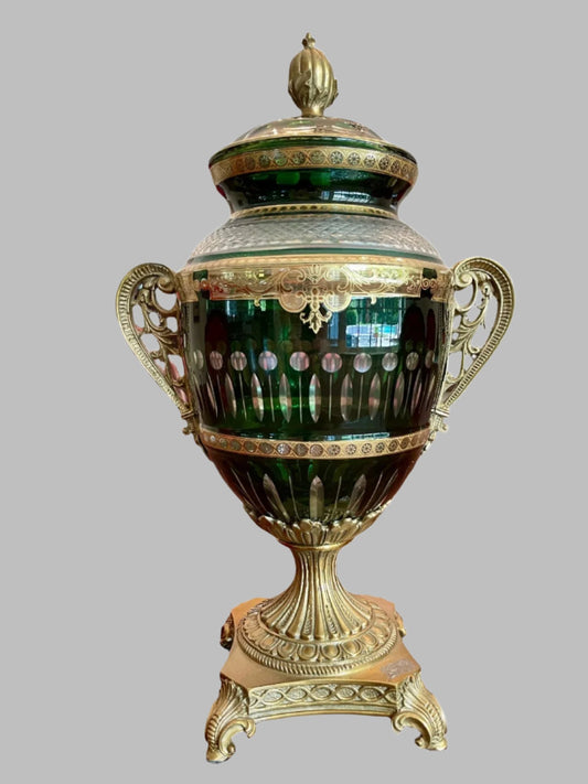 Antique Bohemian Cut Green Glass Covered Urn with Gilted Brass Handles and Stand