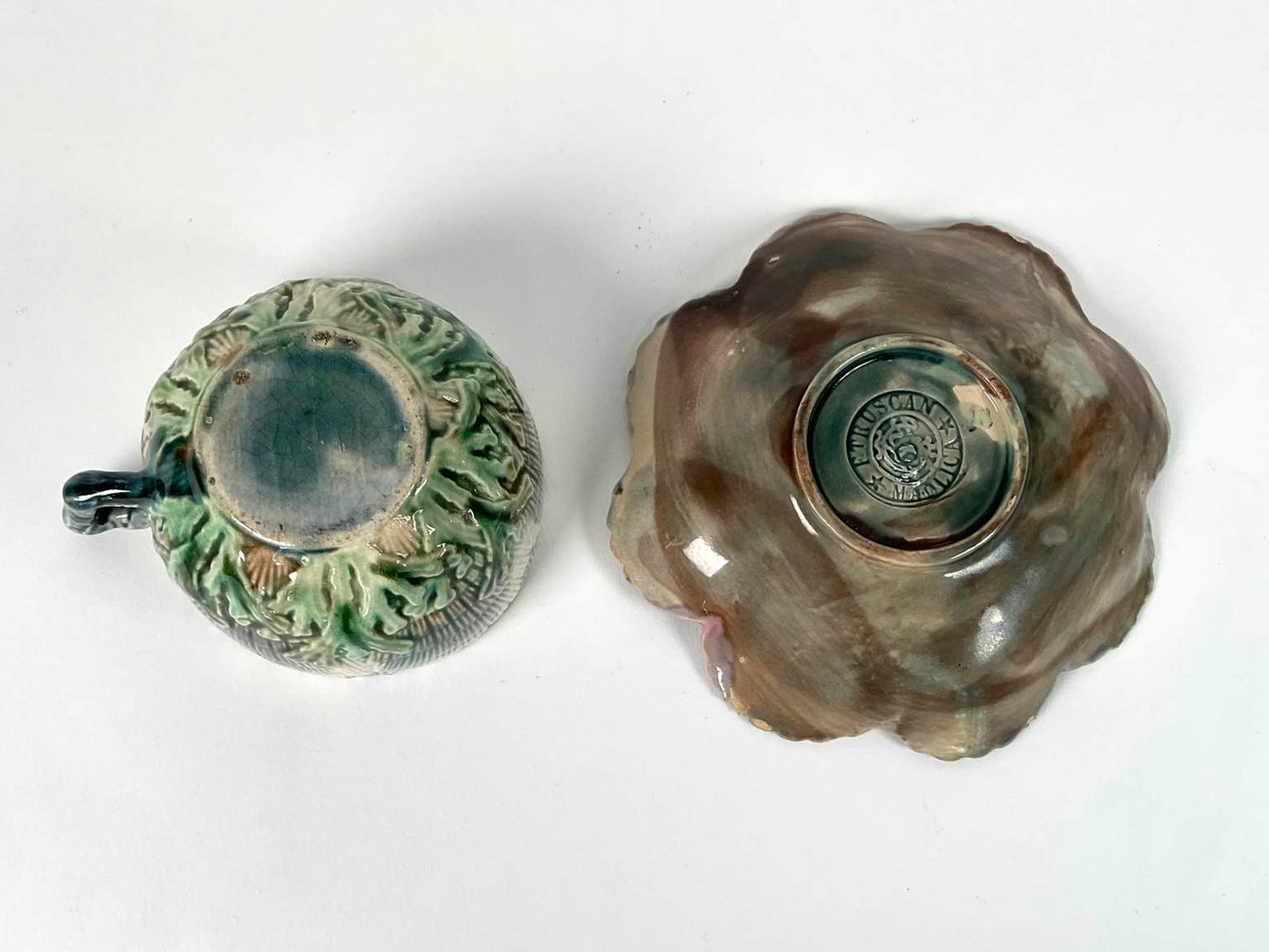 Etruscan Majolica Shell Bowl, Mugs and Teacup with Saucer, 5 Pc.
