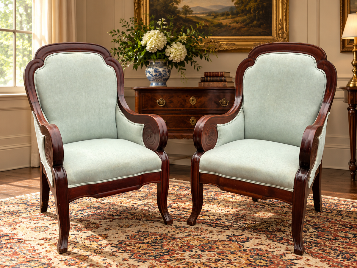 A Pair of Antique American Classical Empire Mahogany Armchair with Carved Rosette Scroll Arms, circa 1830–1850