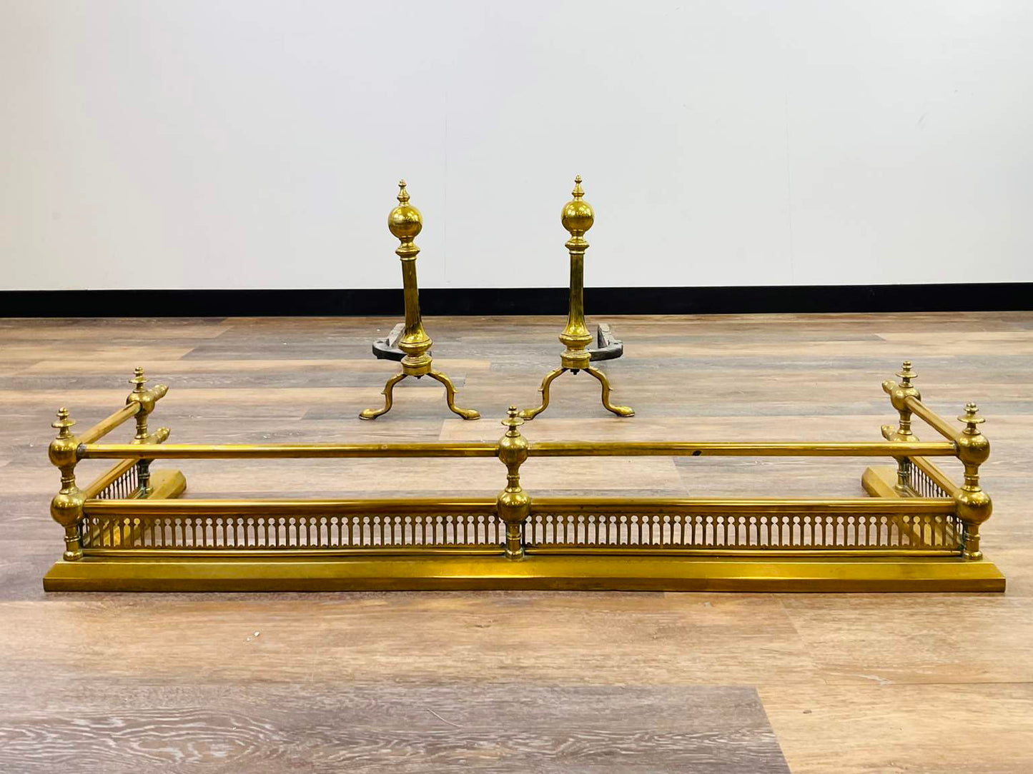 Vintage Brass Fireplace Fender and Andirons