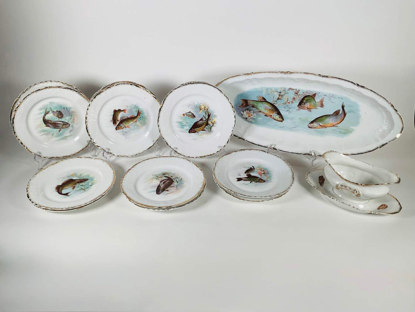 Collection of Antique Victoria Austria Porcelain Fish Dinnerware - 14 pcs